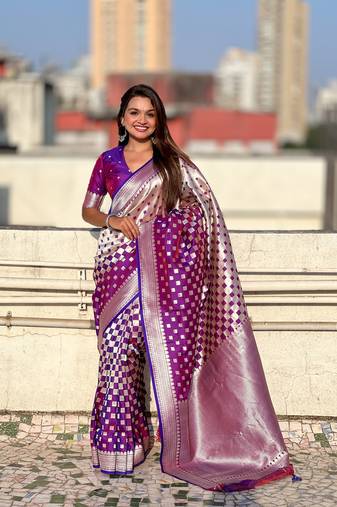 Purple woven silver jari designer banarasi silk blend saree