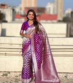 Purple woven silver jari designer banarasi silk blend saree