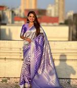 Lavender woven silver jari designer banarasi silk blend saree