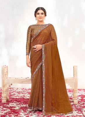 Rust crepe shimmer silk blend heavy embroidered wedding saree 1