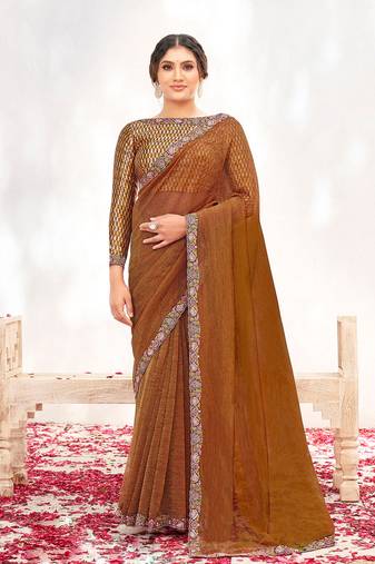 Rust crepe shimmer silk blend heavy embroidered wedding saree