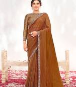 Rust crepe shimmer silk blend heavy embroidered wedding saree