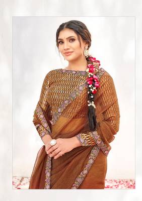 Rust crepe shimmer silk blend heavy embroidered wedding saree 3