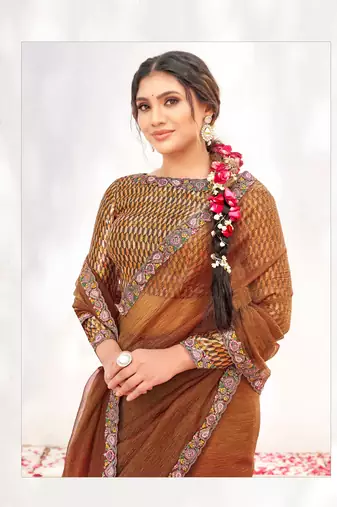 Rust crepe shimmer silk blend heavy embroidered wedding saree