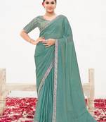 Sea green two tone satin silk blend heavy embroidered wedding saree