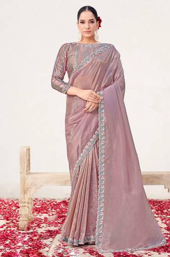 Onion crush paper silk blend heavy embroidered wedding wear saree