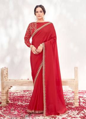 Red crepe satin silk blend heavy embroidered wedding wear saree 1