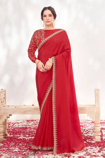 Red crepe satin silk blend heavy embroidered wedding wear saree