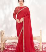 Red crepe satin silk blend heavy embroidered wedding wear saree