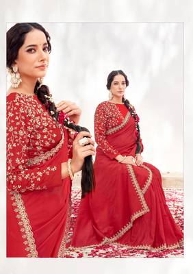 Red crepe satin silk blend heavy embroidered wedding wear saree 3