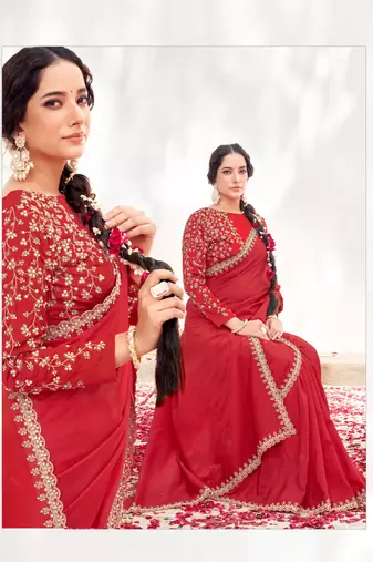 Red crepe satin silk blend heavy embroidered wedding wear saree