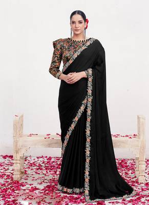 Black crepe satin silk blend heavy embroidered wedding wear saree 1