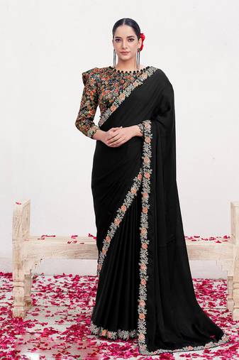 Black crepe satin silk blend heavy embroidered wedding wear saree