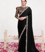 Black crepe satin silk blend heavy embroidered wedding wear saree