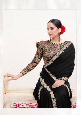 Black crepe satin silk blend heavy embroidered wedding wear saree 3