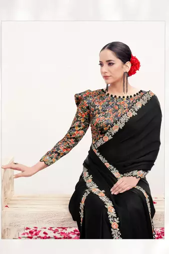 Black crepe satin silk blend heavy embroidered wedding wear saree