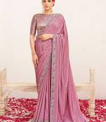 Pink  crepe silk blend heavy embroidered wedding wear saree