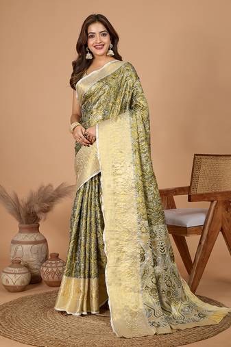 Green soft silk blend woven jari designer saree