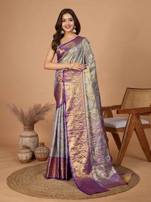 Grey soft silk blend woven zari saree 1