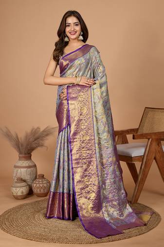 Grey soft silk blend woven jari designer saree
