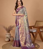 Grey soft silk blend woven jari designer saree