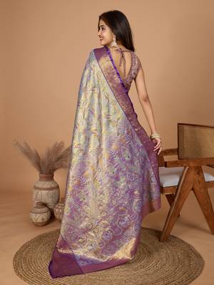 Grey soft silk blend woven zari saree 2