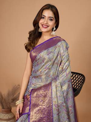 Grey soft silk blend woven zari saree 3