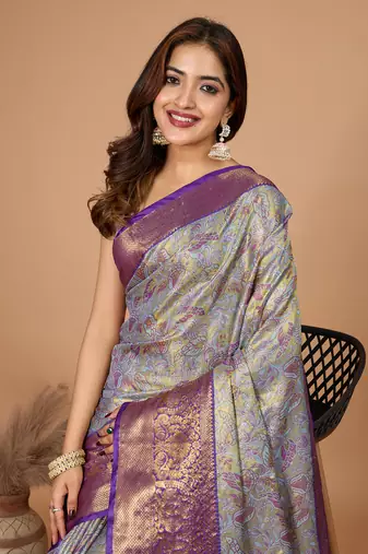Grey soft silk blend woven zari saree