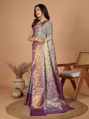 Grey soft silk blend woven zari saree 4