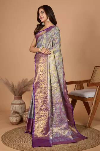 Grey soft silk blend woven zari saree