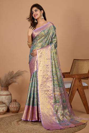 Green soft silk blend woven jari designer saree