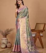 Green soft silk blend woven jari designer saree