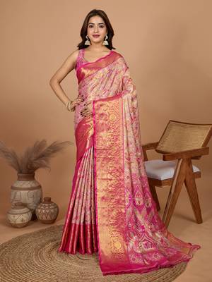 Pink soft silk blend woven zari saree 1