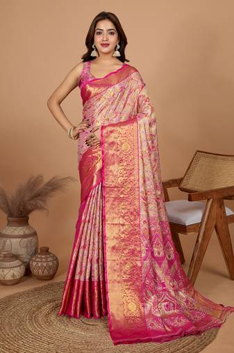 Pink soft silk blend woven jari designer saree