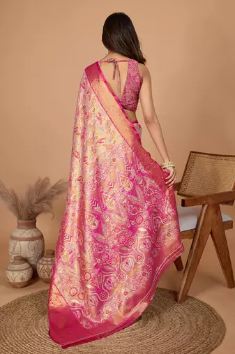 Pink soft silk blend woven zari saree