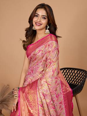 Pink soft silk blend woven zari saree 3