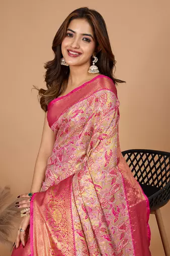 Pink soft silk blend woven zari saree
