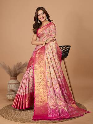 Pink soft silk blend woven zari saree 4