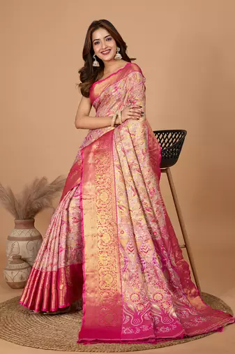 Pink soft silk blend woven zari saree