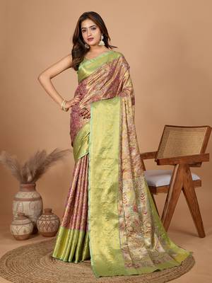 Beige soft silk blend woven zari saree 1