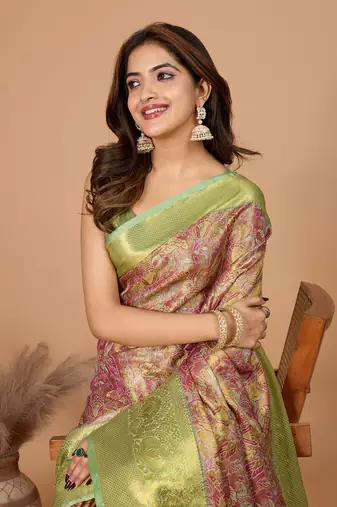 Beige soft silk blend woven zari saree