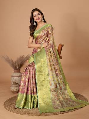 Beige soft silk blend woven zari saree 4