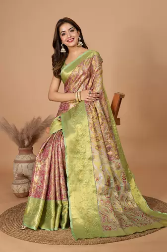 Beige soft silk blend woven zari saree