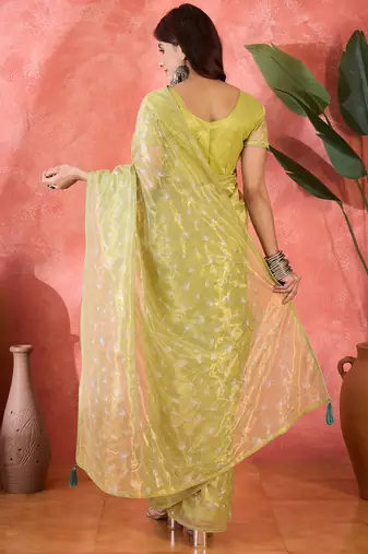 Mustard twill net sequin embroidered saree
