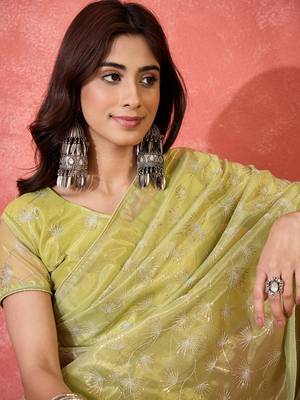 Mustard twill net sequin embroidered saree 3