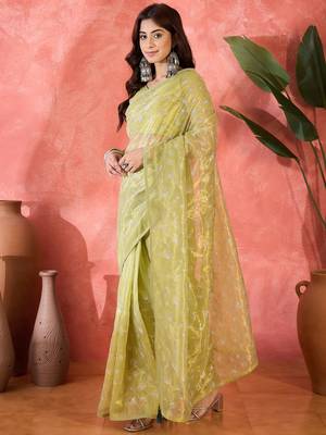 Mustard twill net sequin embroidered saree 4