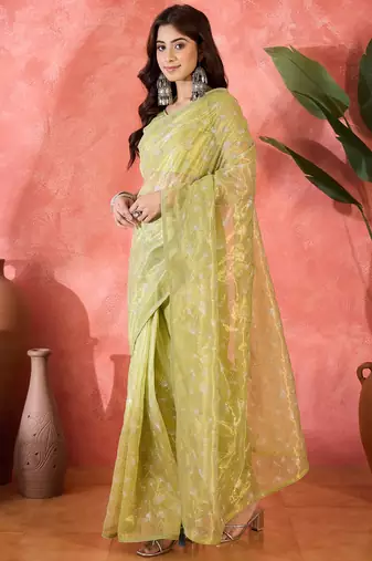Mustard twill net sequin embroidered saree