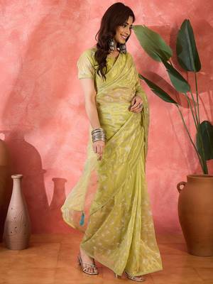 Mustard twill net sequin embroidered saree 5