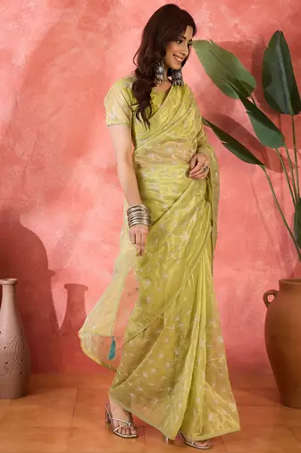 Mustard twill net sequin embroidered saree