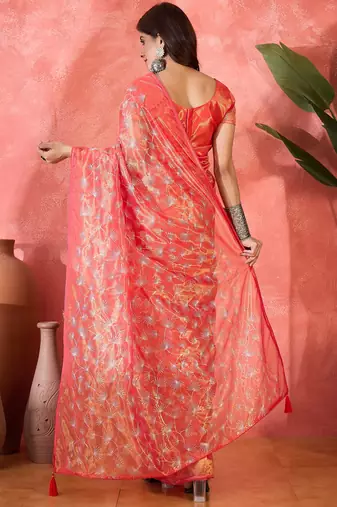 Red twill net sequin embroidered saree